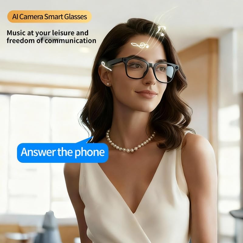AI Smart Glasses with 12MP Camera, Anti-Shake Video Recording and OTG, Object Recognition, Photo Capture, Real-Time Translation, AI Assistant, Open-Ear Audio, Bluetooth, Replaceable Sunglasses Lenses