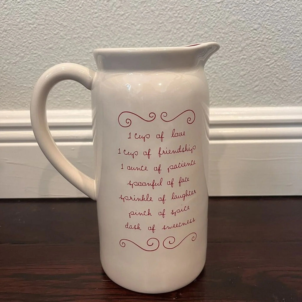 Rae Dunn LOVE POTION Ceramic Double-sided Pitcher 9" H Reverse side has recipe love Ivory with Red LL Letters Valentine's Day