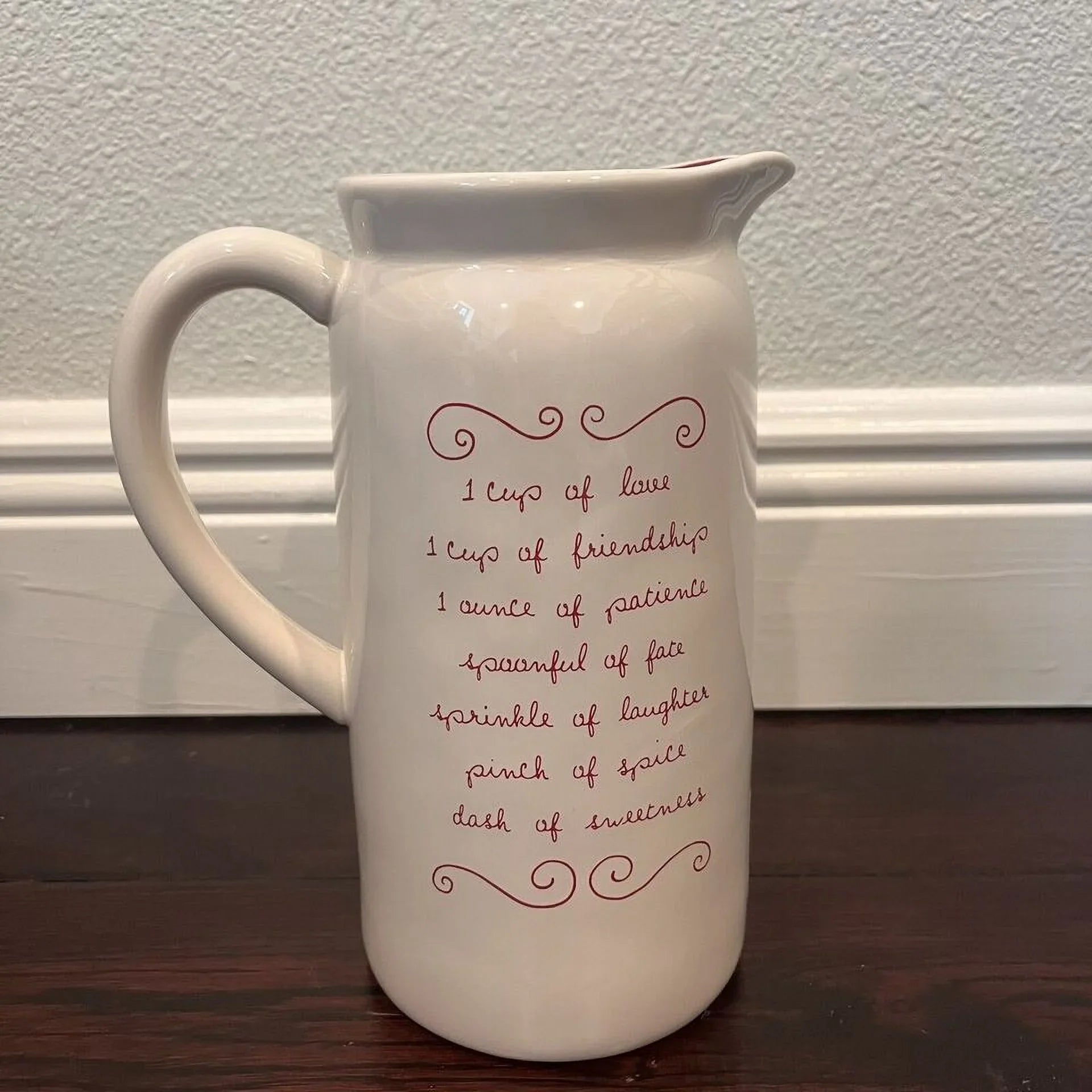 Rae Dunn LOVE POTION Ceramic Double-sided Pitcher 9" H Reverse side has recipe love Ivory with Red LL Letters Valentine's Day