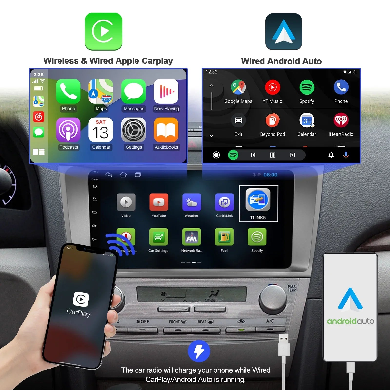 2+32G Android 10 Double Din Car Stereo Toyota Carmy 2006-2011 with 9 Inch Touchscreen Radio Built-in Wireless Carplay/Android Auto/GPS/Bluetooth/FM/AUX-in/Steering Wheel Control/Backup Camera