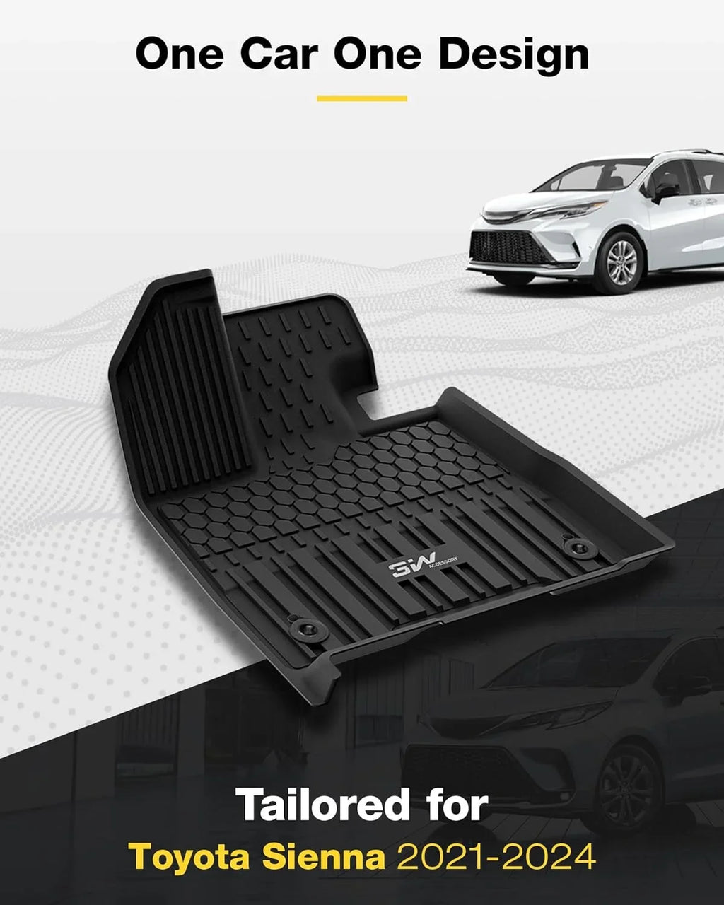 3W Floor Mats&Cargo Liner Toyota Sienna 2021-2024 8 Seater TPE 1st 2nd and 3rd Row with Trunk Mat (NOT Spare Tire Model ), Black All Car Mats