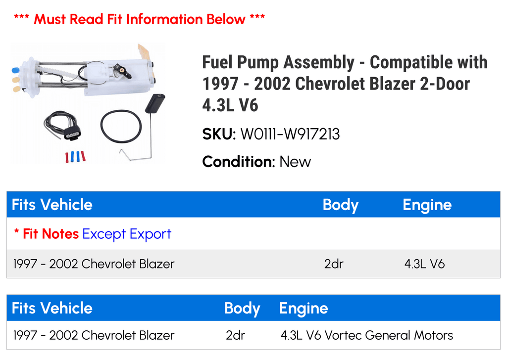 Fuel Pump Assembly - with 1997 - 2002 Chevy Blazer 2-Door 4.3L V6 1998 1999 2000 2001