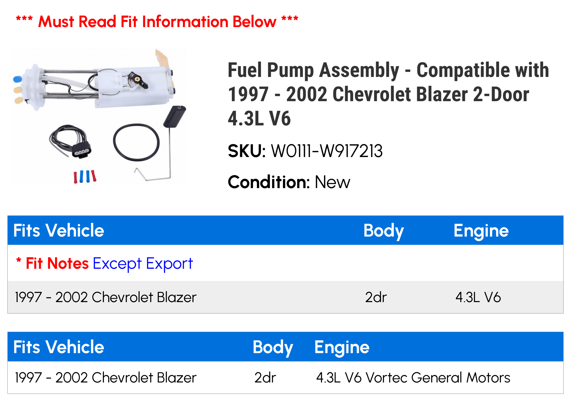 Fuel Pump Assembly - with 1997 - 2002 Chevy Blazer 2-Door 4.3L V6 1998 1999 2000 2001