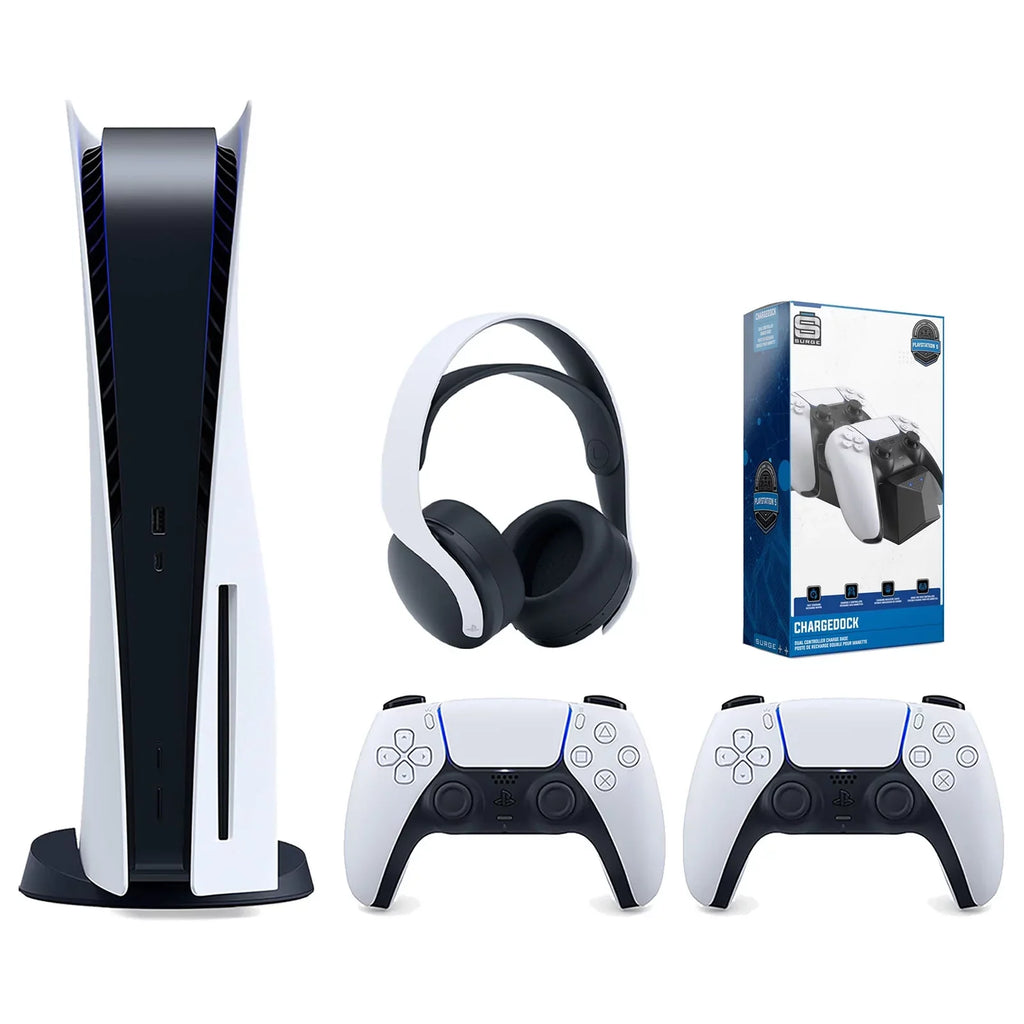 Sony Playstation 5 Disc Version Console with Extra White Controller, White PULSE 3D Headset and Surge Dual Controller Charge Dock Bundle