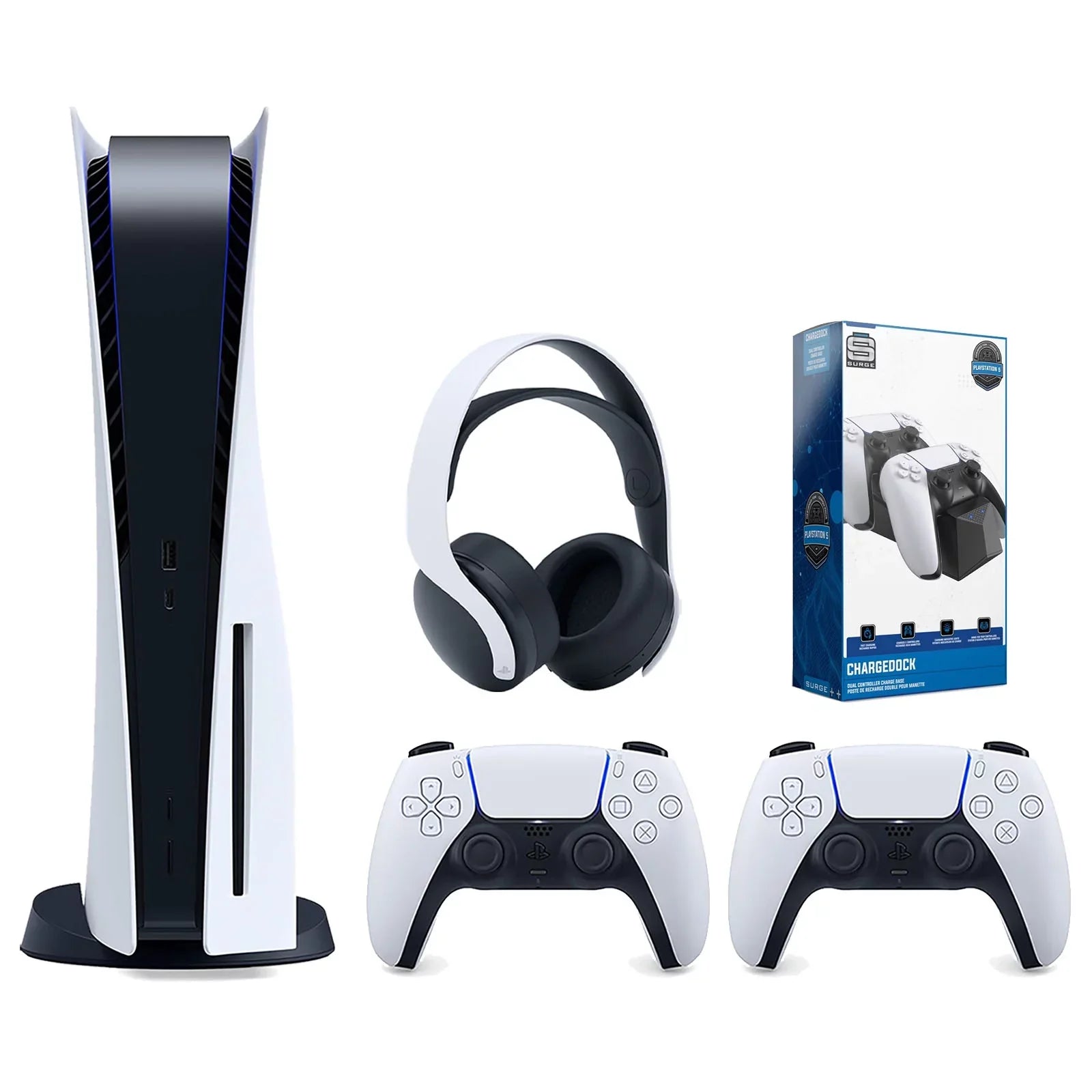 Sony Playstation 5 Disc Version Console with Extra White Controller, White PULSE 3D Headset and Surge Dual Controller Charge Dock Bundle