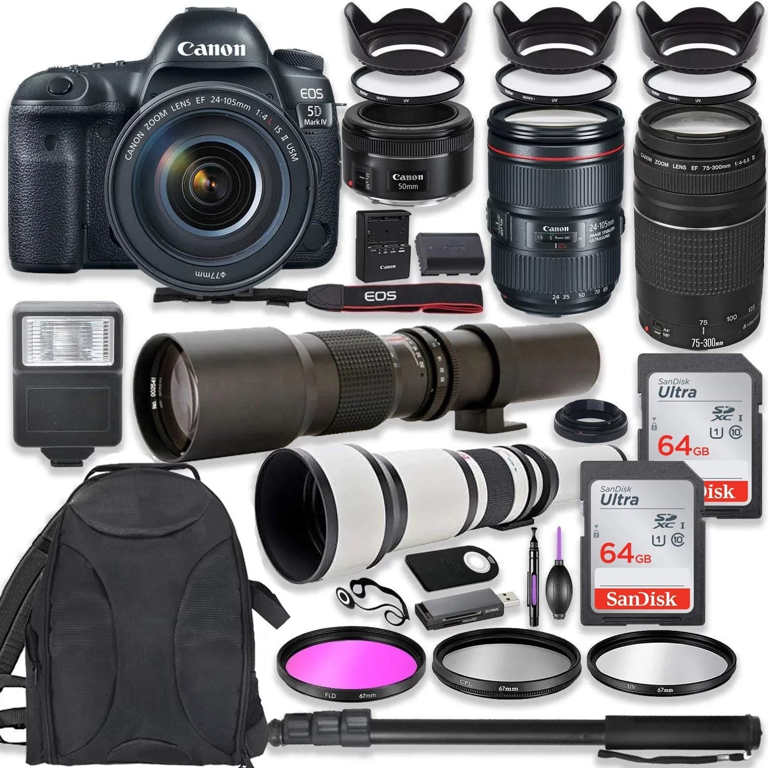 Canon EOS 5D Mark IV DSLR Camera w/ 24-105mm USM Lens Bundle + Canon EF 75-300mm III Lens, Canon 50mm f/1.8, 500mm Lens & 650-1300mm Lens + Backpack + 128GB Memory + Monopod + Professional Bundle