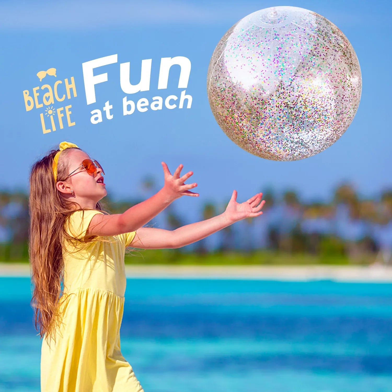 Lina Inflatable Beach Ball Pool Accessory Glitter Confetti 16 & 24 Inch Outdoor Beach Theme Water Sand Toy Beach Party Decoration, Pool Party Supplies Beach Balls -Set of 5 |