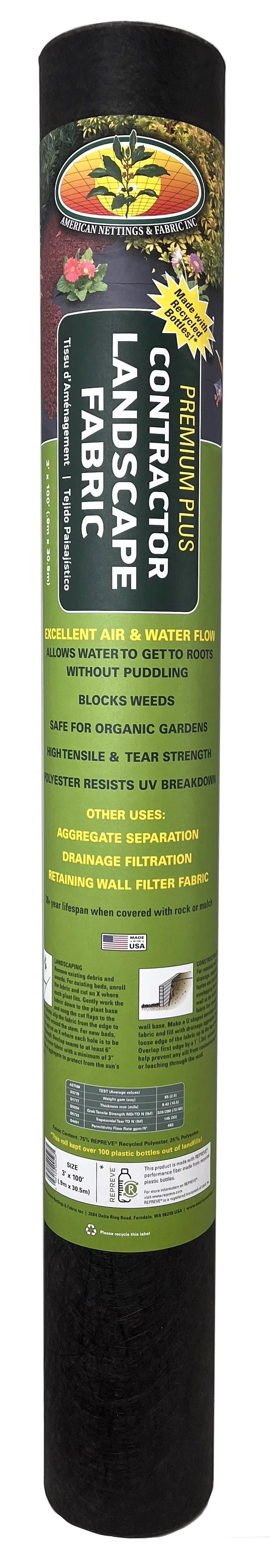 American Nettings Premium Plus REPREVE Recycled Contractor Landscape Fabric (Lifetime) 3' x 100'