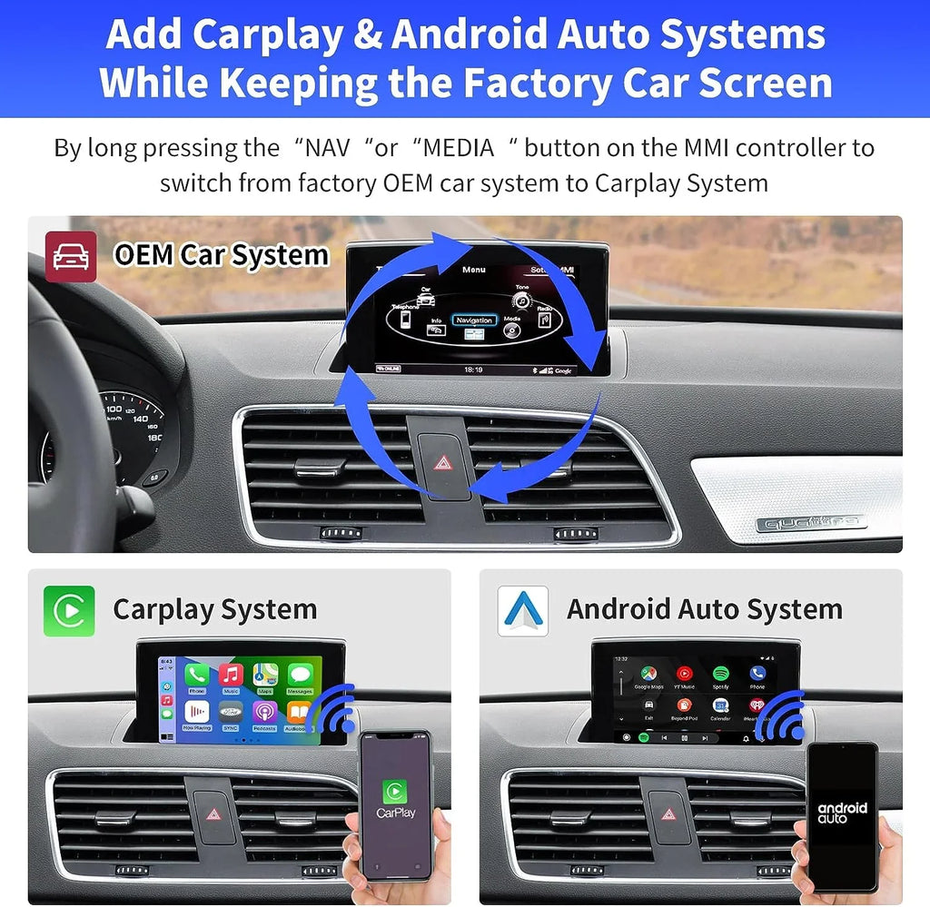 Road Top Wireless Carplay Android Auto Module Audi Q3 2014-2018 Year with MMI 3G, (HN+ Car Software Version), Carplay Retrofit Kit Decoder, Support Mirrorlink, Camera