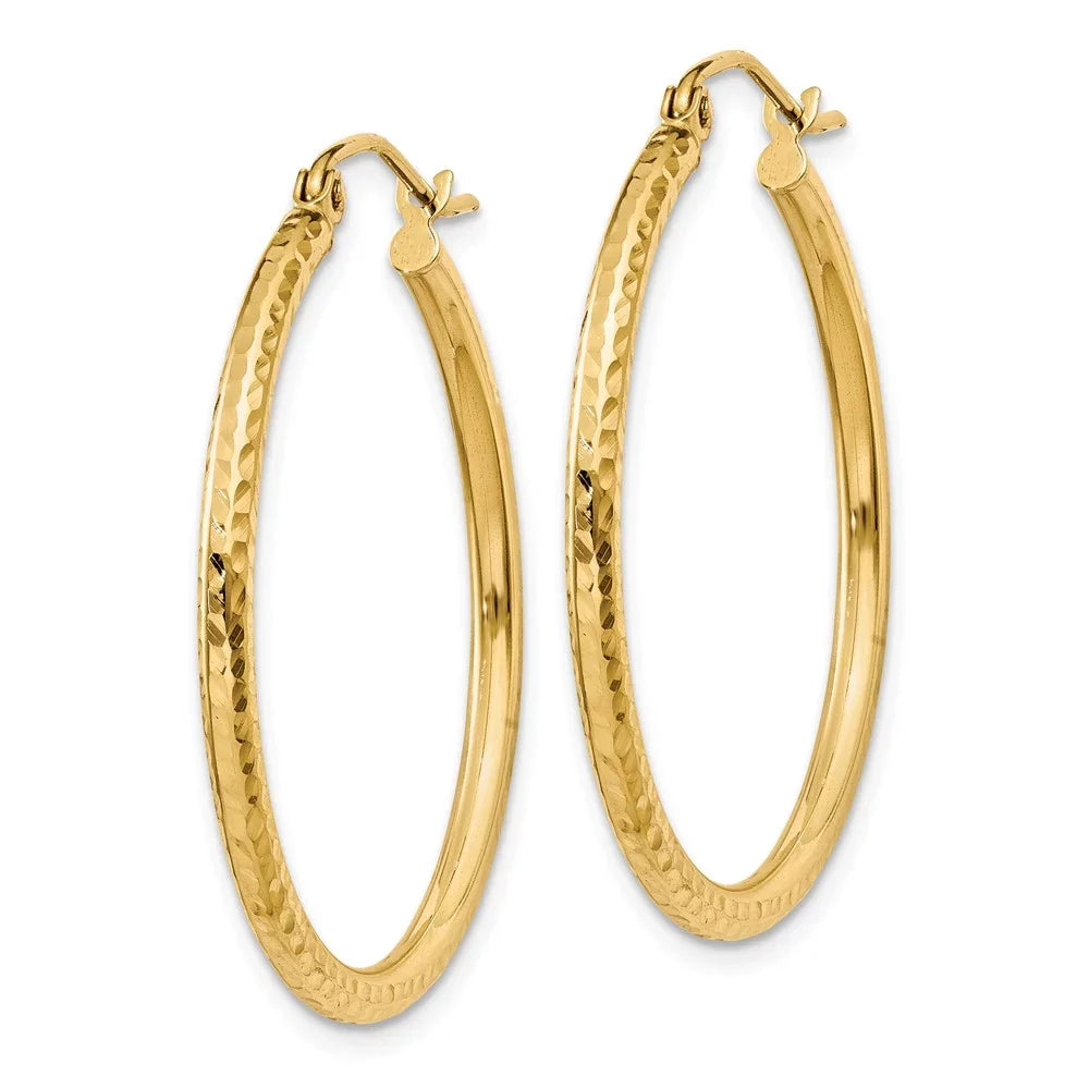 Real 14kt Yellow Gold Diamond-cut 2mm Round Tube Hoop Earrings; Adults and Teens; Women and Men