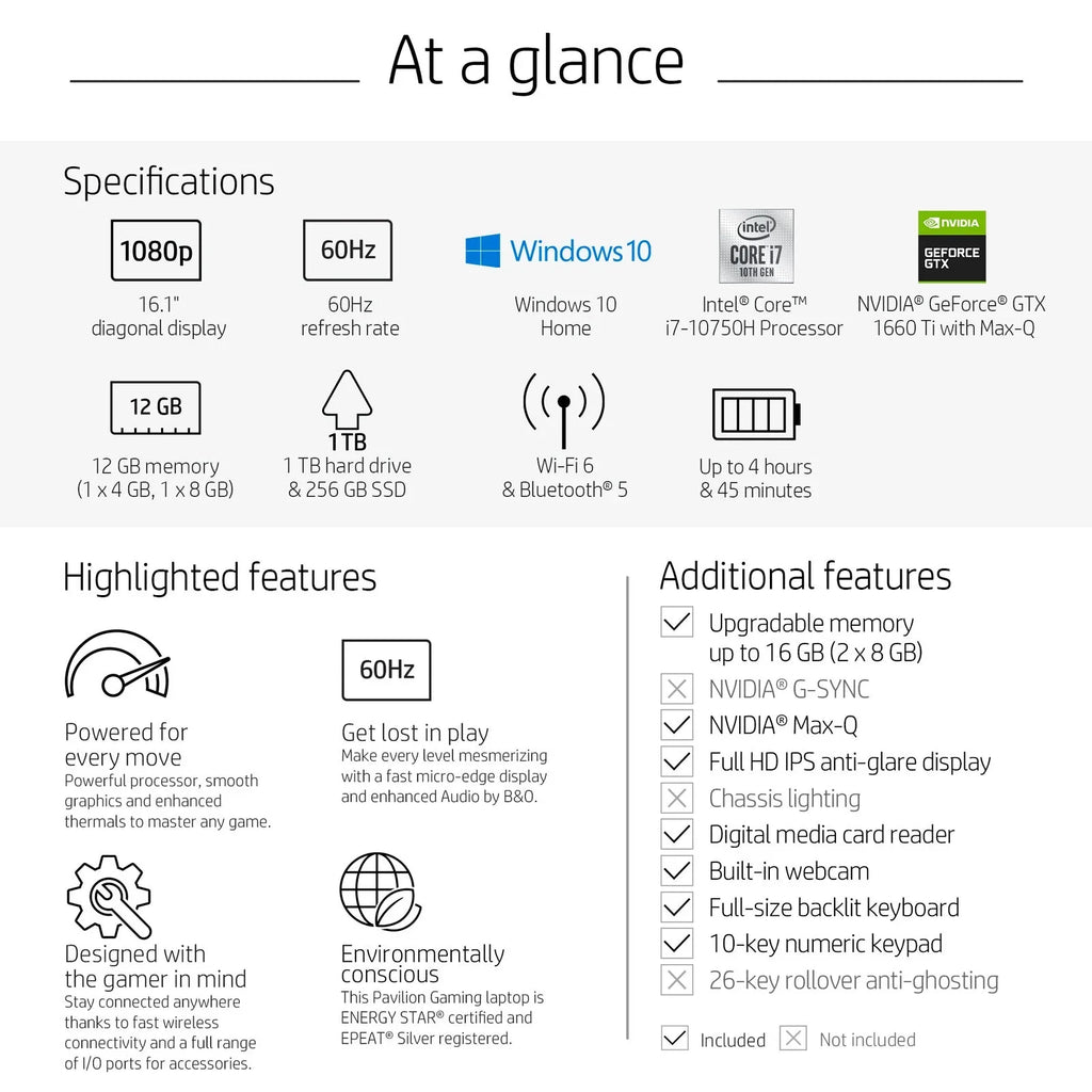HP Pavilion 16-a0075cl 16.1" Non-touch WLED-backlit IPS Anti-Glare FHD Gaming Laptop - i7-10750H - 12GB DDR4 Memory - 1TB Hdd + 256gb SSD - GeForce GTX 1660 Ti Max-Q - Backlit Keyboard - Windows 10