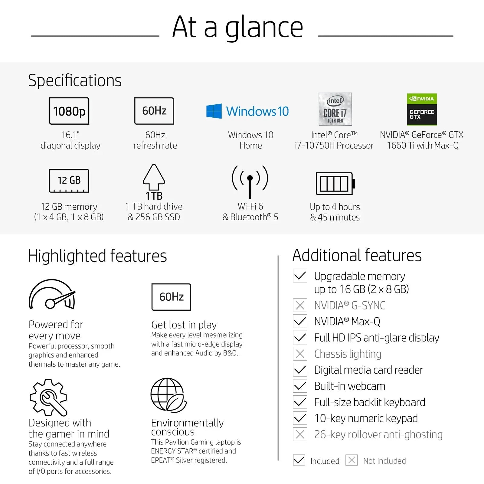 HP Pavilion 16-a0075cl 16.1" Non-touch WLED-backlit IPS Anti-Glare FHD Gaming Laptop - i7-10750H - 12GB DDR4 Memory - 1TB Hdd + 256gb SSD - GeForce GTX 1660 Ti Max-Q - Backlit Keyboard - Windows 10