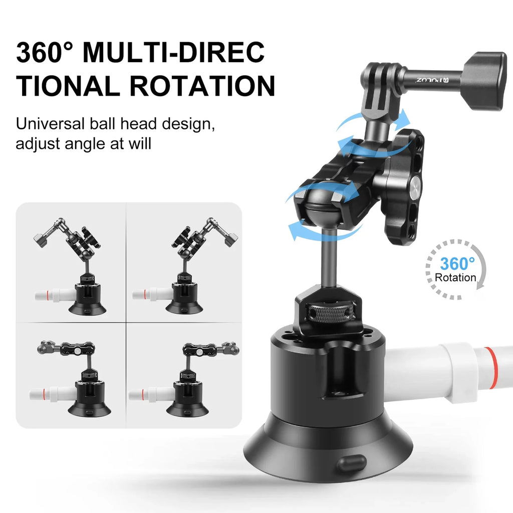 PULUZ PU845B Suction Cup Mount Action Camera Suction Camera Mount Bracket Dual 360° Rotatable Ballheads Replacement GoPro Hero 11/10/9/8, Osmo Action 3/2