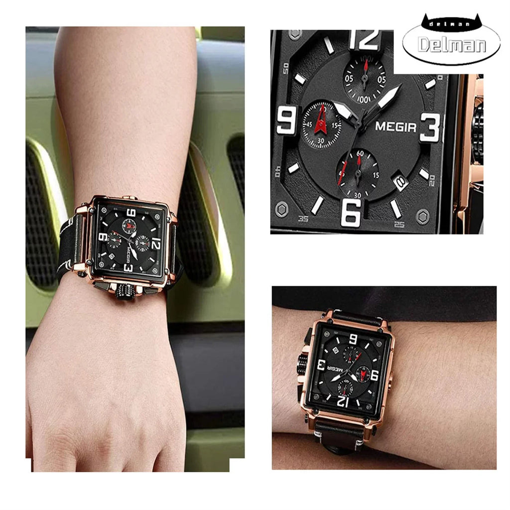 Men's Fashion Leather Strap Quartz Watches Luxury Square Dial Chronograph Wristwatch Casual Waterproof Luminous Watch Man