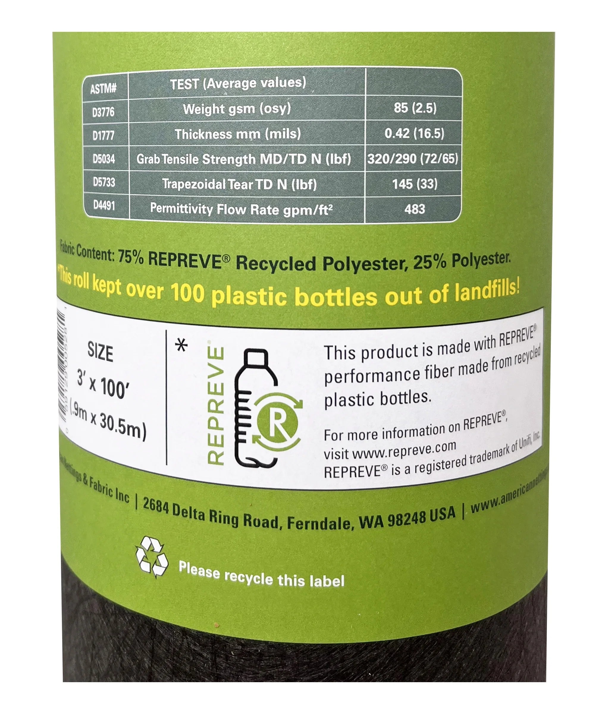 American Nettings Premium Plus REPREVE Recycled Contractor Landscape Fabric (Lifetime) 3' x 100'