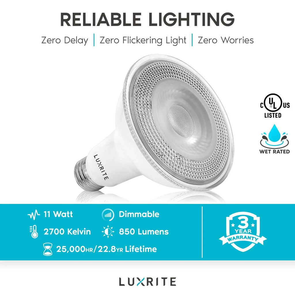 Luxrite 6-Pack LED PAR30 Flood Light Bulb 2700K Warm White 850 Lumens 11W Dimmable Wet Rated E26 Base UL Listed