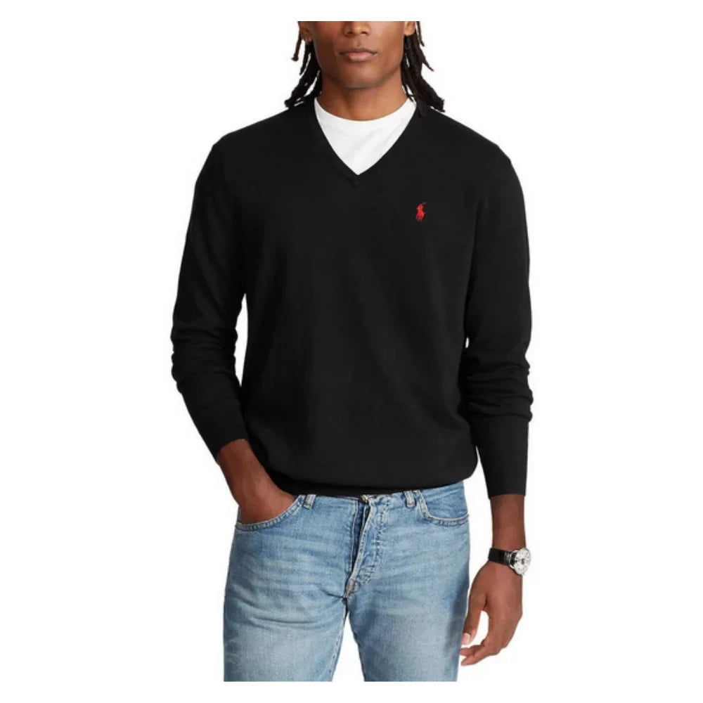 Polo Ralph Lauren Mens Pima Cotton V-Neck Sweater (Small, Black)
