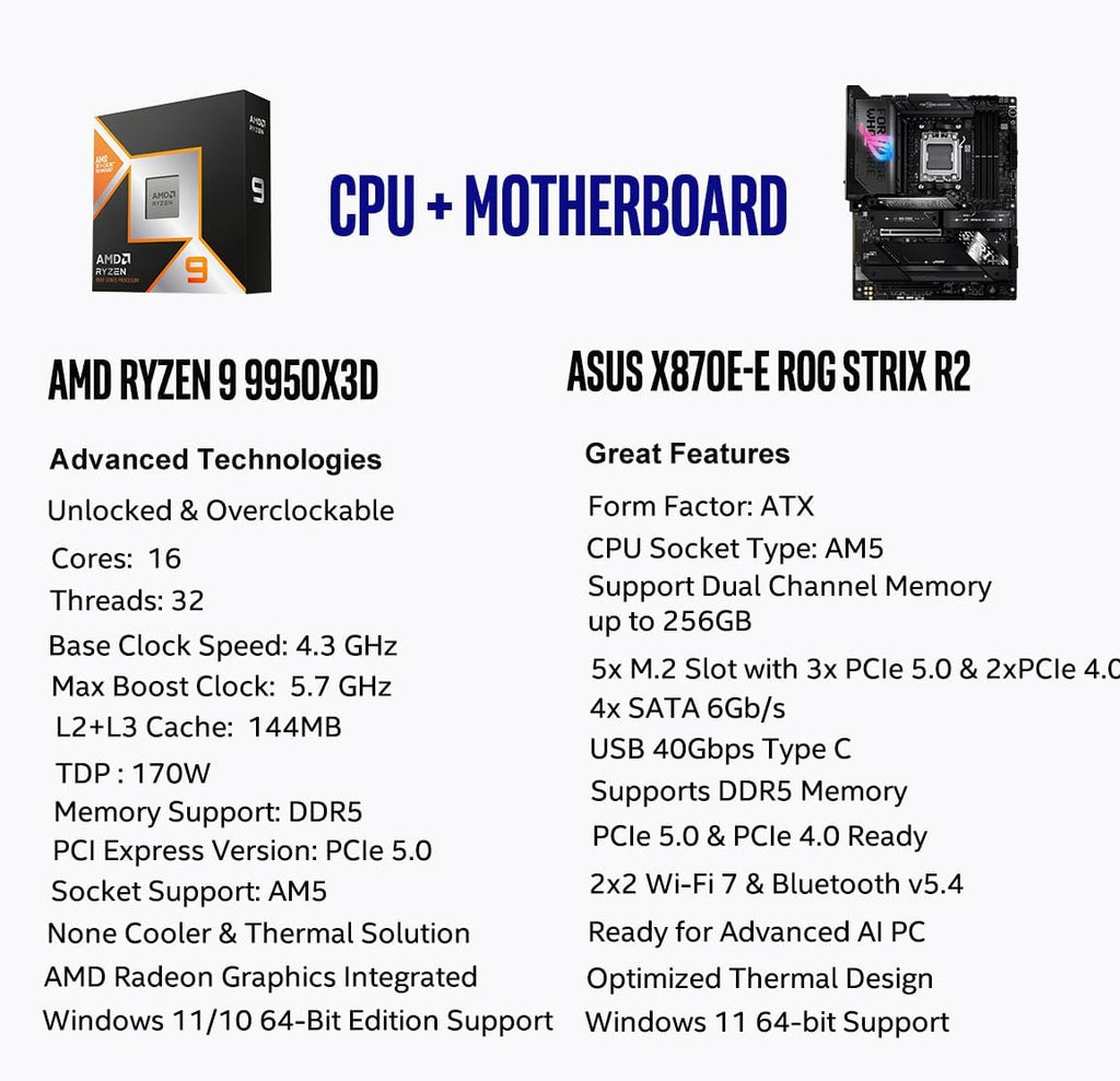 AMD Ryzen 9 9950X3D Processor with ASUS ROG Strix X870E-E R2 Motherboard