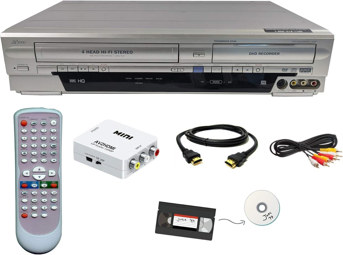 Funai VHS to DVD Recorder VCR Combo w/Remote, HDMI Upconverter Box Bundle (Renewed)
