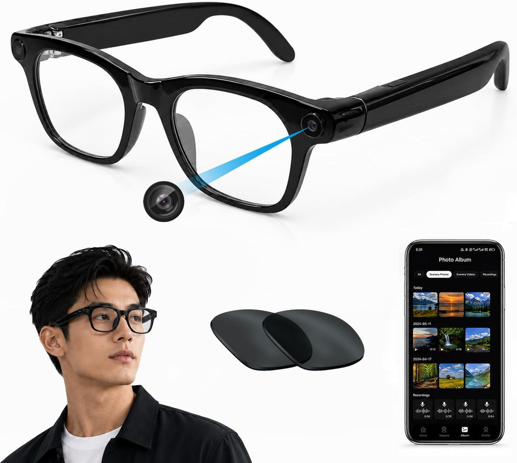AI Smart Glasses with 12MP Camera, Anti-Shake Video Recording and OTG, Object Recognition, Photo Capture, Real-Time Translation, AI Assistant, Open-Ear Audio, Bluetooth, Replaceable Sunglasses Lenses