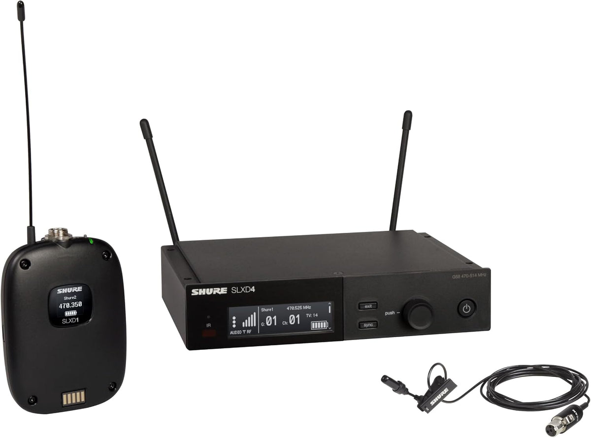 Shure SLXD14/UL4B Digital Wireless Microphone System - Includes SLXD1 Bodypack Transmitter, UL4B UniPlex Cardioid Lavalier Mic, and SLXD4 Receiver with 19" Rack Mount Kit | H55 Band (SLXD14/UL4B-H55)
