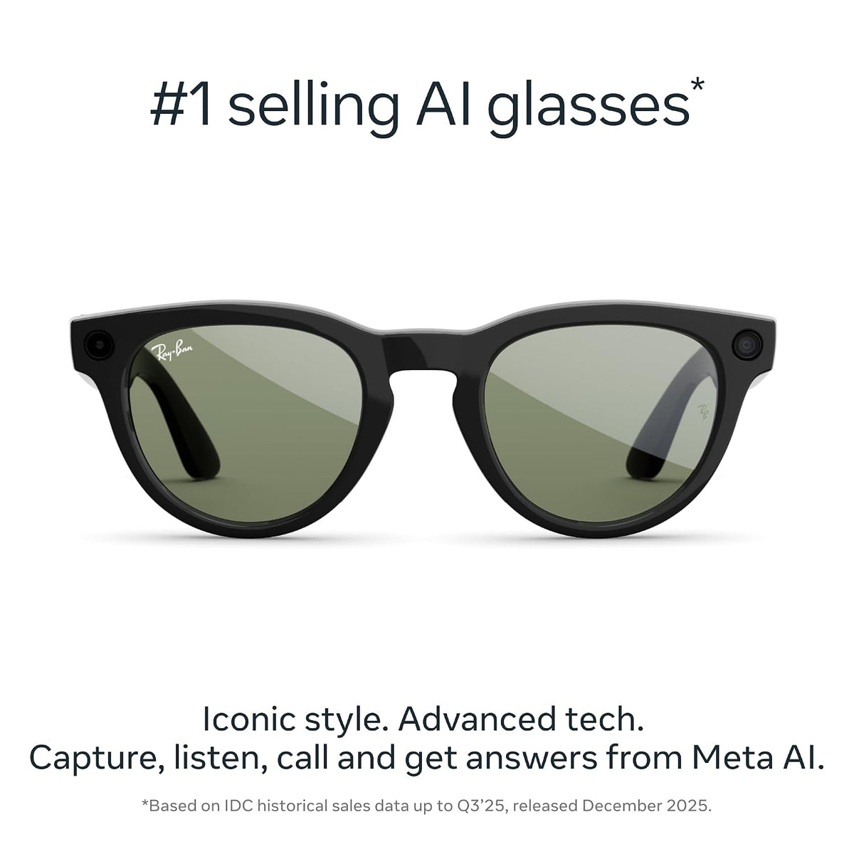 Meta Ray-Ban (Gen 2) Headliner Smart AI Glasses, Shiny Black, Green Lenses