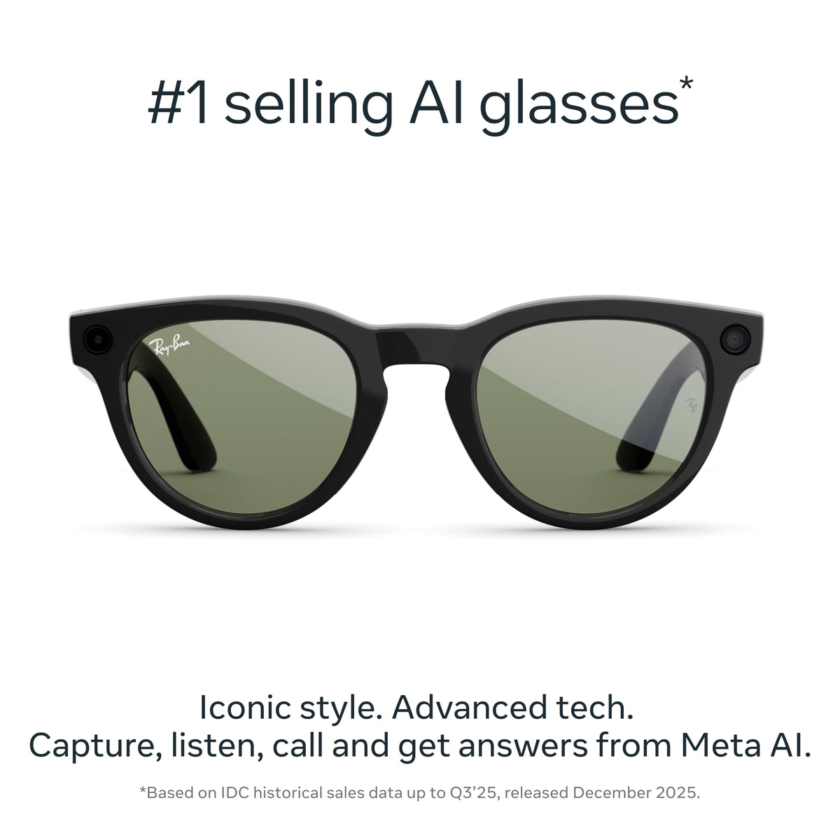 Meta Ray-Ban (Gen 2) Headliner Smart AI Glasses, Shiny Black, Green Lenses