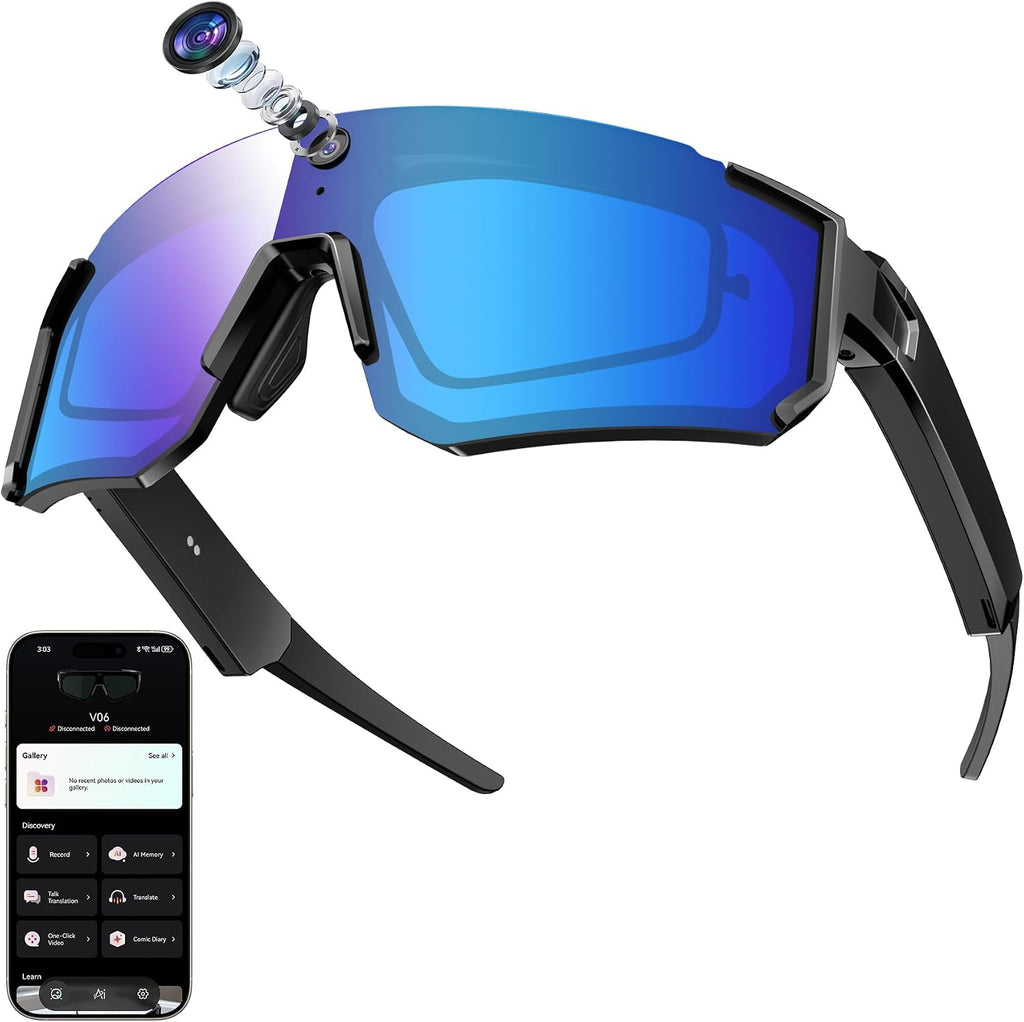 AI Smart Glasses, Voice Control Sports Sunglasses, EIS Anti-Shake, IP54 Waterproof, Real-Time Translation, Open Ear Audio Cycling Glasses for Outdoor Hiking Surfing Running