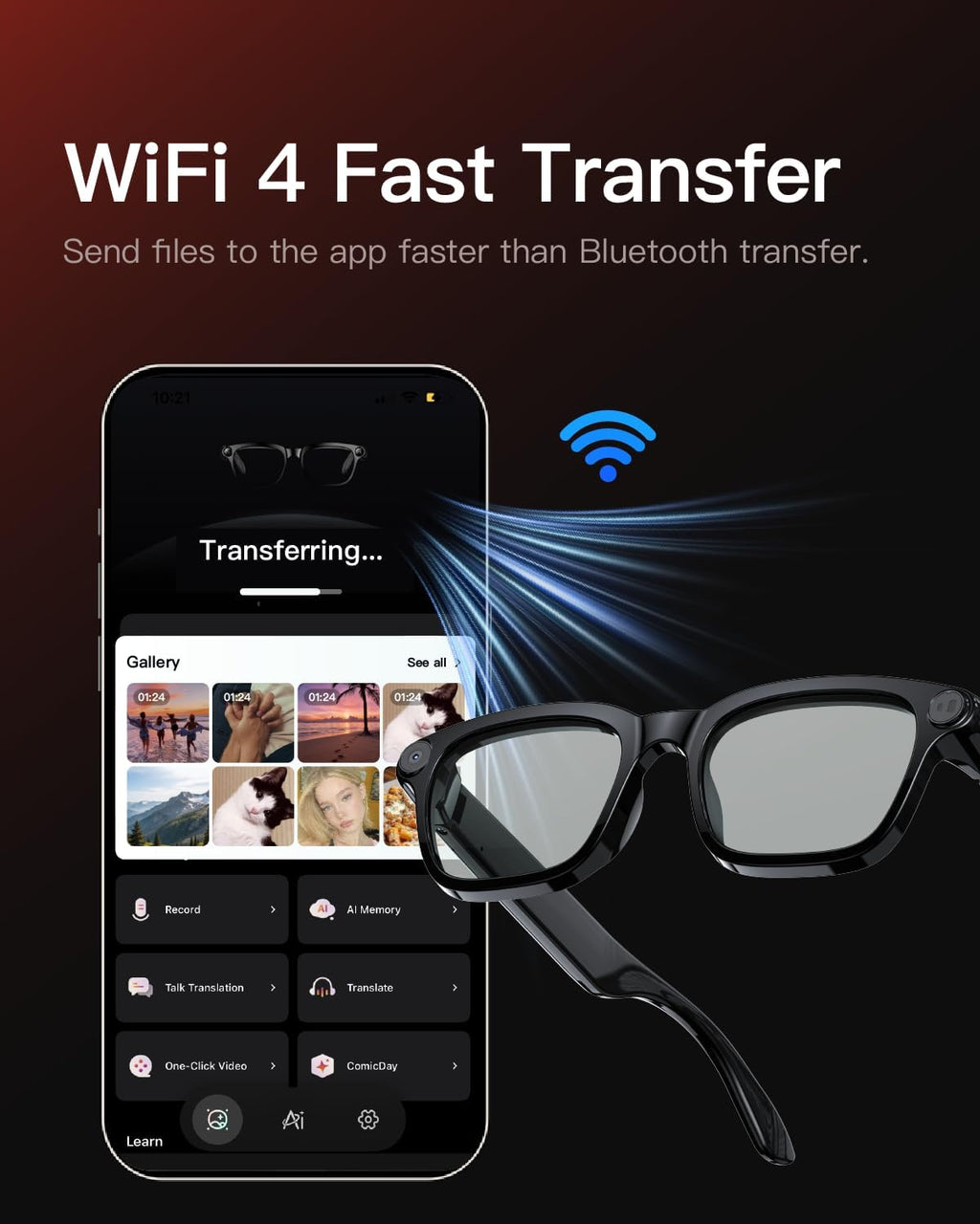 AI Smart Glasses with Camera, 4K POV Recording, Transparent Lens