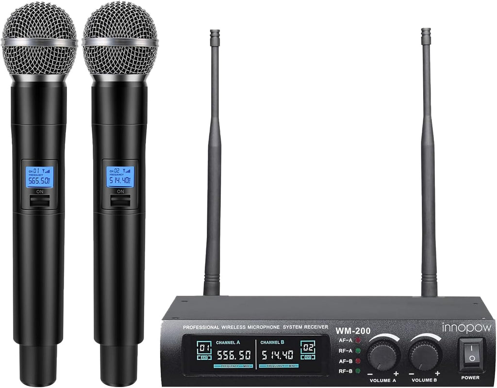 innopow Wireless Microphone System, Dual UHF Metal Cordless Mic Set, Long Distance 150-200Ft,16 Hours Continuous, Fixed Frequency, Use for Karaoke Singing, Family Party,Church (CH.01&02)