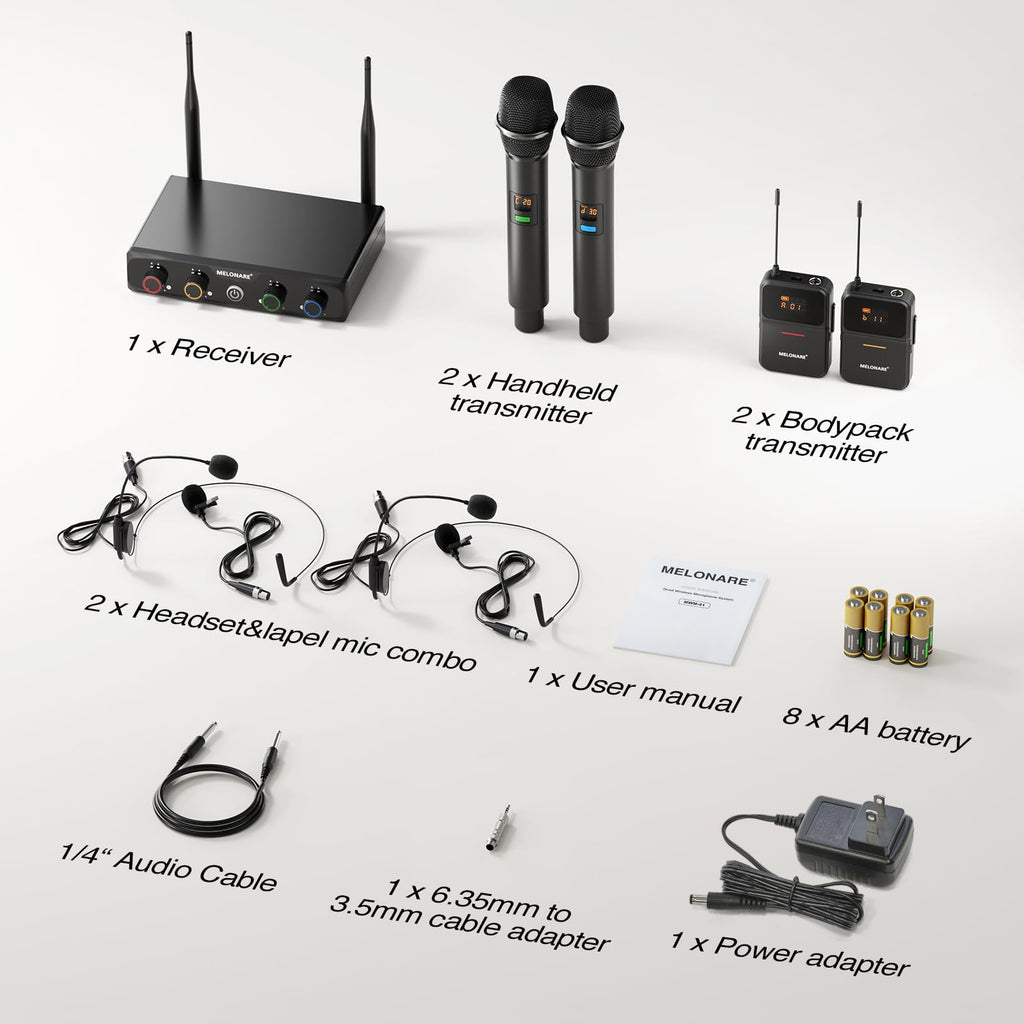 MELONARE 4x10 Freq. UHF Wireless Microphone System, 200FT Stable Signal