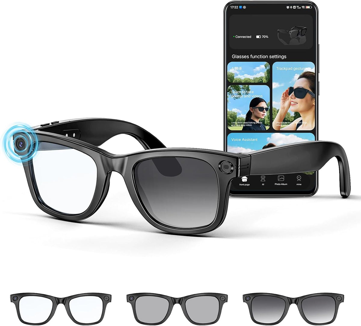 Mingtawn AI Smart Glasses â 8MP Anti-Shake Camera Glasses, 290mAh, BT Call, 4K HD Camera with Video Recording Dual Mic, Simultaneous Interpretation/GPT Identify Objectsï¼Black
