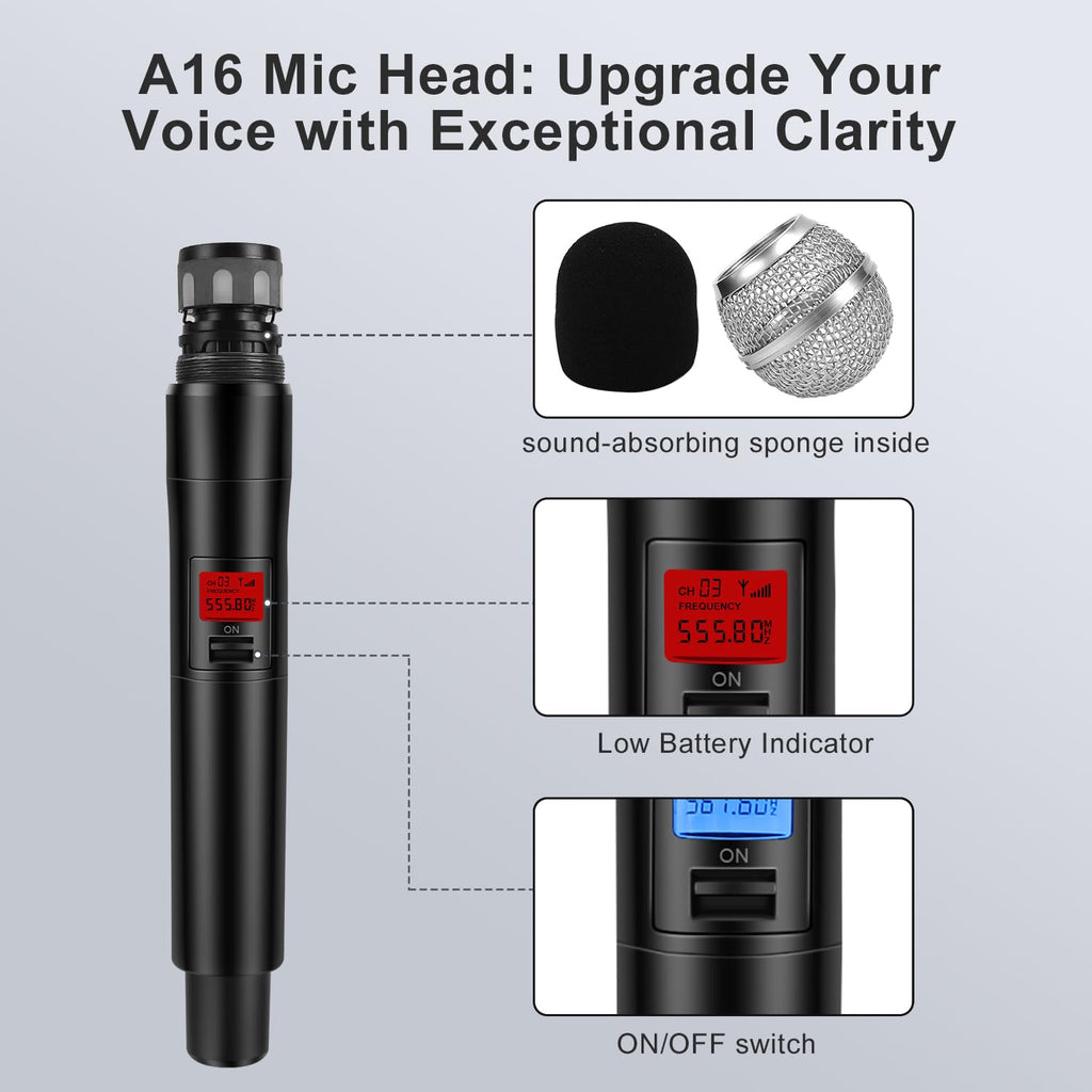 innopow Wireless Microphone System, Dual UHF Metal Cordless Mic Set, Long Distance 150-200Ft,16 Hours Continuous, Fixed Frequency, Use for Karaoke Singing, Family Party,Church (CH.01&02)