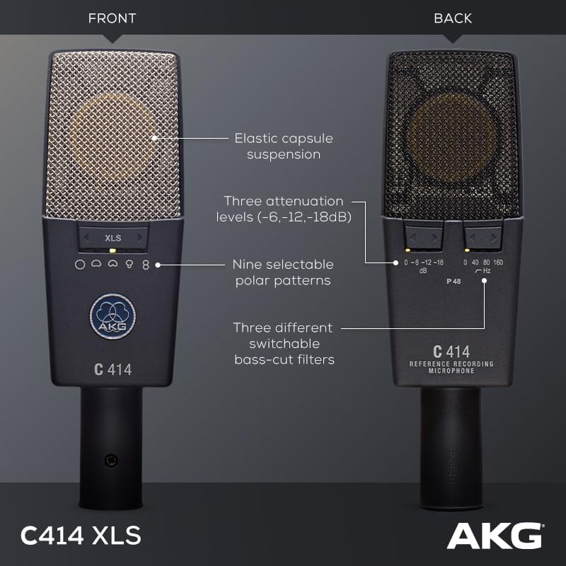AKG Pro Audio C414XLS Pair Studio Grade Professional Large Diaphragm, Dual Capsule, Multi-Pattern, Vocal & Instrument Condenser Microphone with Aluminum Carrying Case. XLR Connector. Gray with Gold.