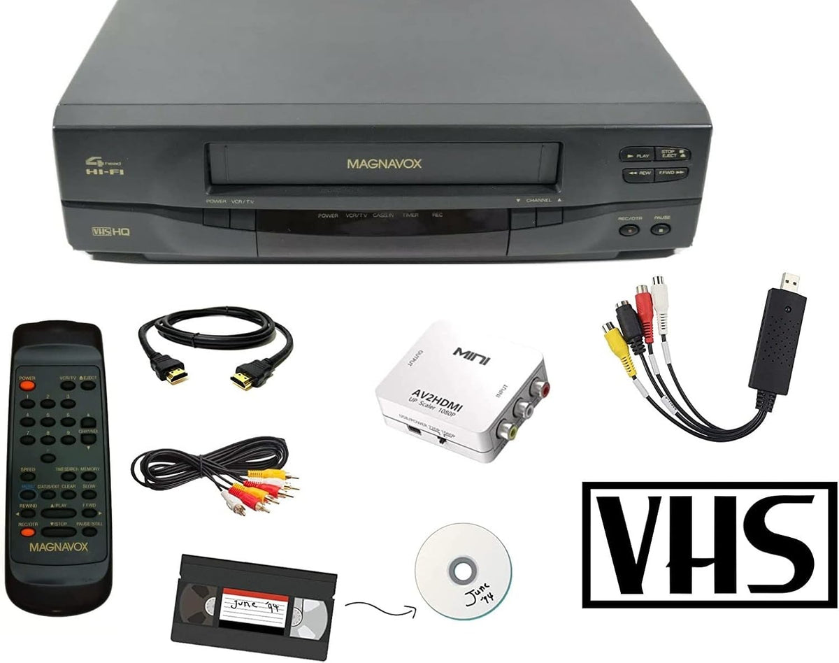 MAGNAVOX 4-Head VCR Video Cassette Recorder w/Remote, USB Adapter, HDMI Converter (Renewed)