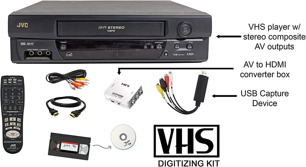 JVC VCR VHS Transfer w/Remote, USB Adapter, HDMI Converter (Renewed)