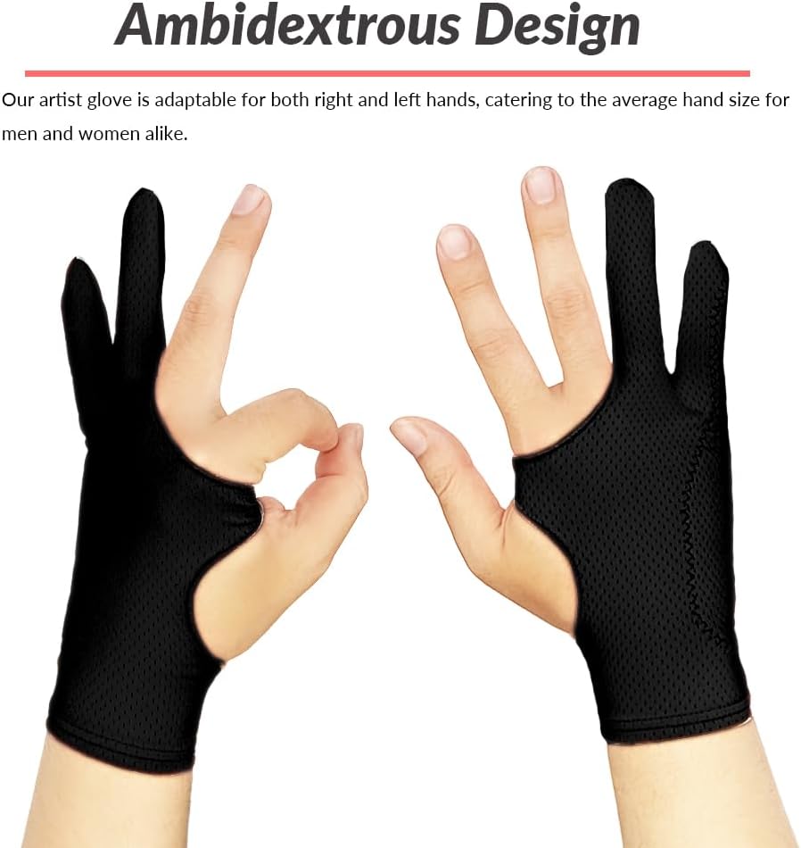 Breathable Drawing Glove, Digital Art Glove for Graphic Tablet, 3-Layer Palm Rejection for Graphic Tablet, Artist Gloves with Two Fingers for iPad(Black,S)
