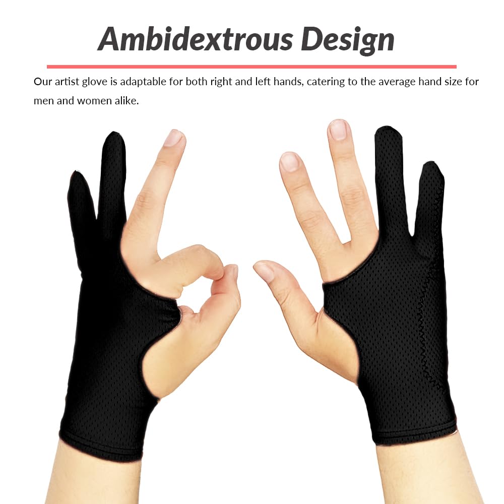 Breathable Drawing Glove, Digital Art Glove for Graphic Tablet, 3-Layer Palm Rejection for Graphic Tablet, Artist Gloves with Two Fingers for iPad(Black,S)