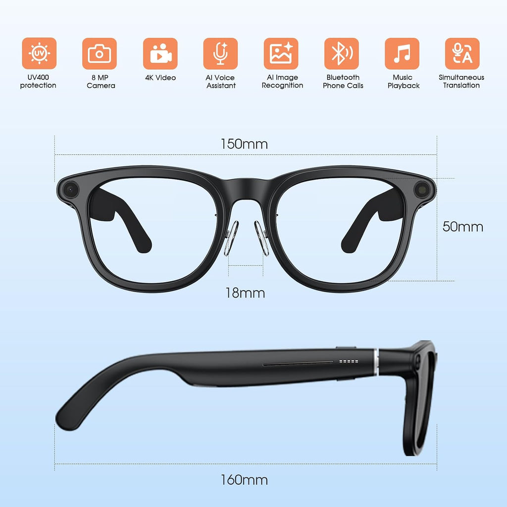 AI Camera Smart Glasses, 4K Video Sunglasses with 3600mAh Charging Case