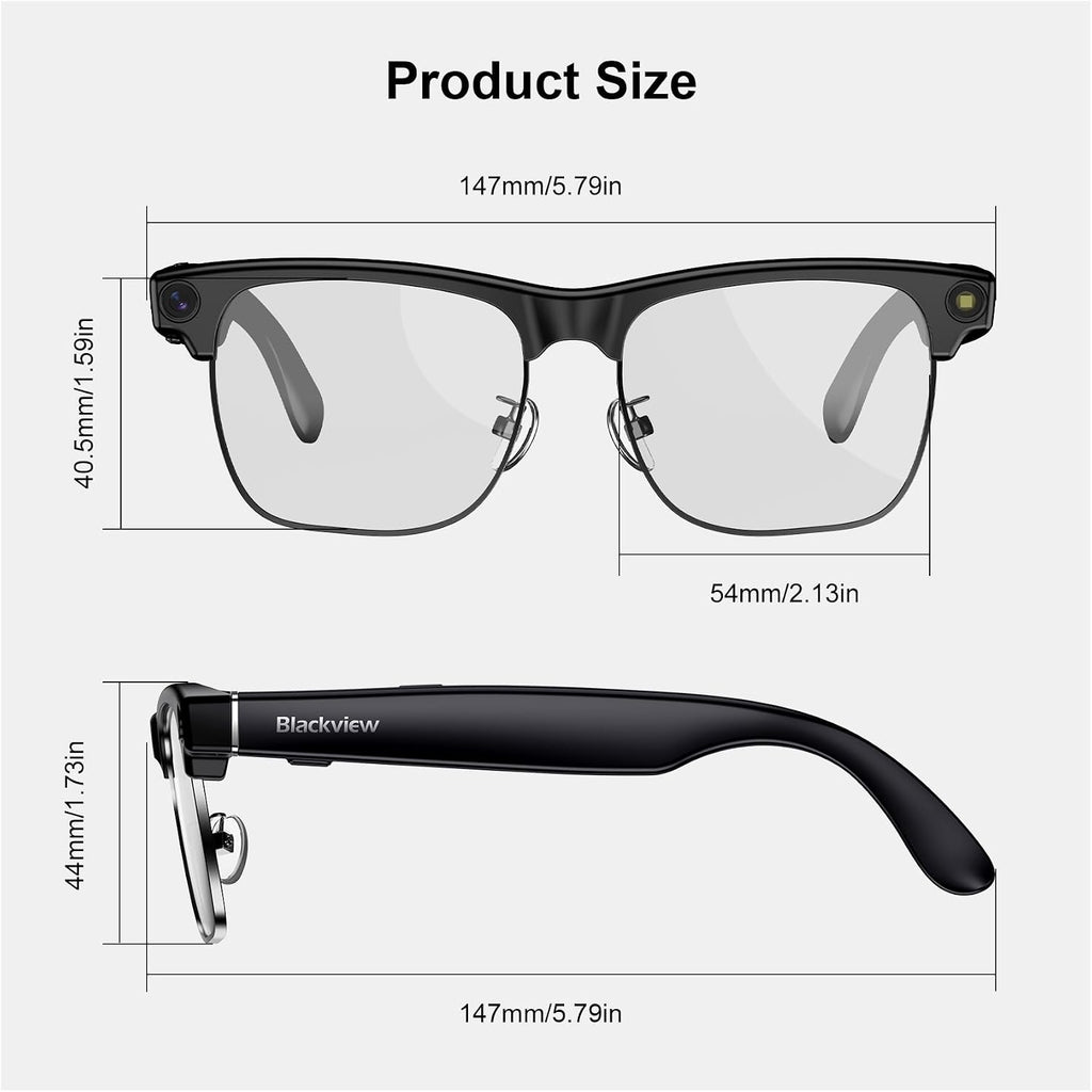 Blackview AI Smart Glasses with Camera, BT Call/Photo/4K HD Video Recording Glasses with Real-Time Translation, AI Voice Assistant, Object Recognition, Blue Light Blocking Graduated Lenses