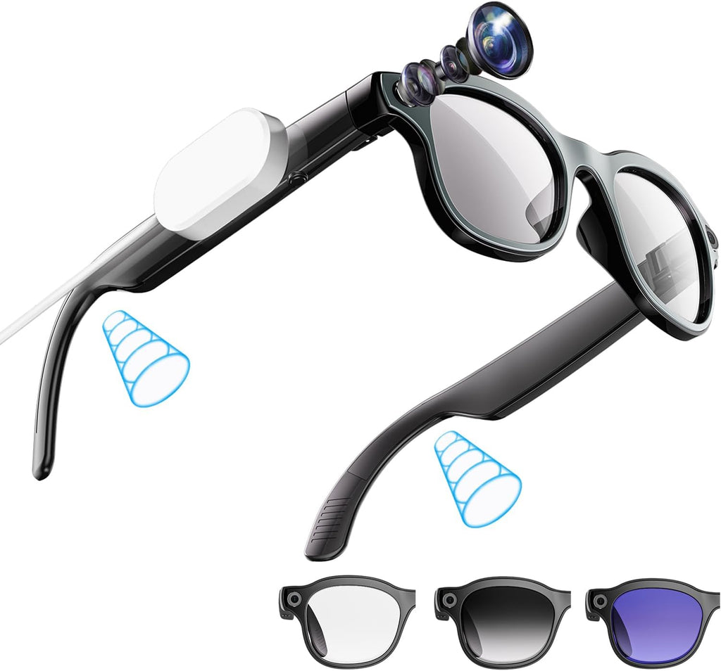 Smart AI Glasses with Camera, 1080P HD Video & 8MP Photo Capture, Real-Time Translation, Recording Glasses, Wireless Charging, Voice Assistant, Open-Ear Audio, Object Recognition, Bluetooth, 3 Lens