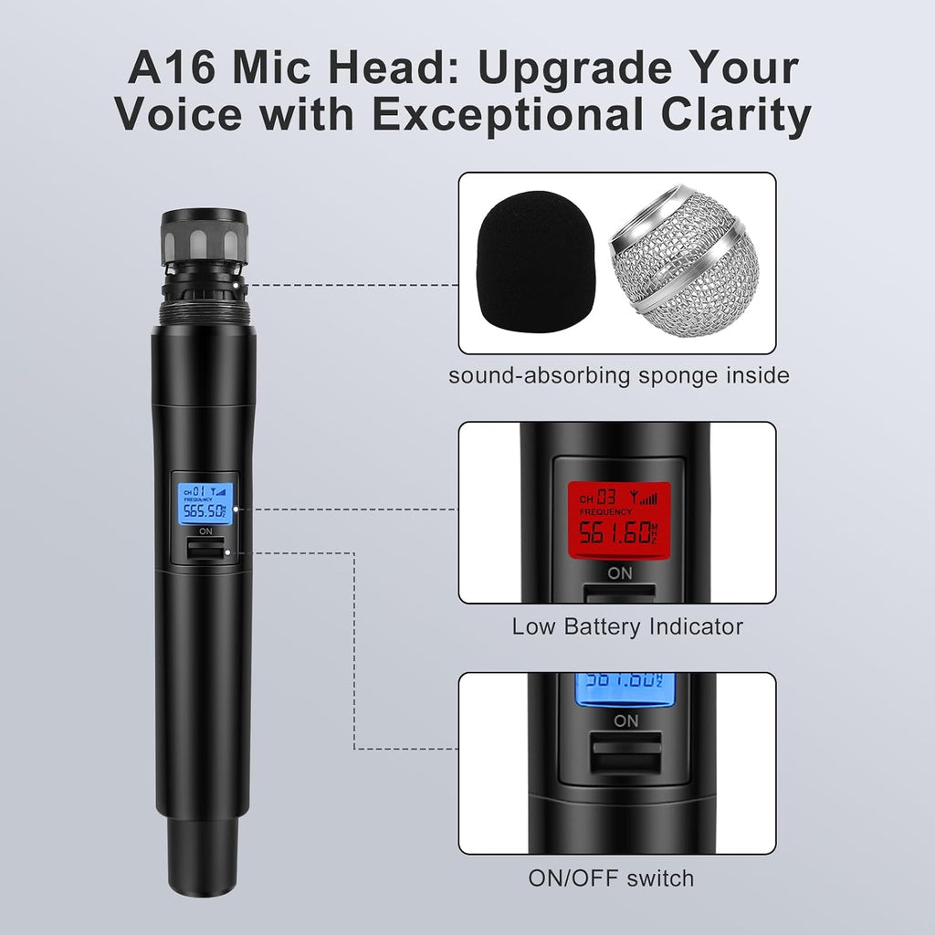 innopow Wireless Microphone System, Dual UHF Metal Cordless Mic Set, Long Distance 150-200Ft,16 Hours Continuous, Fixed Frequency, Use for Karaoke Singing, Family Party,Church (CH.01&02)