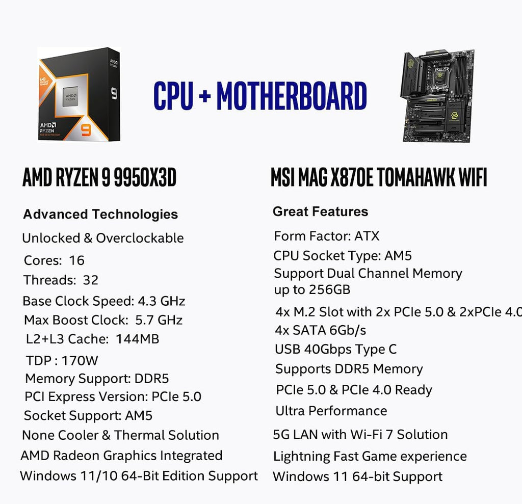 Micro Center AMD 9950X3D Processor with MSI MAG X870E Tomahawk Motherboard