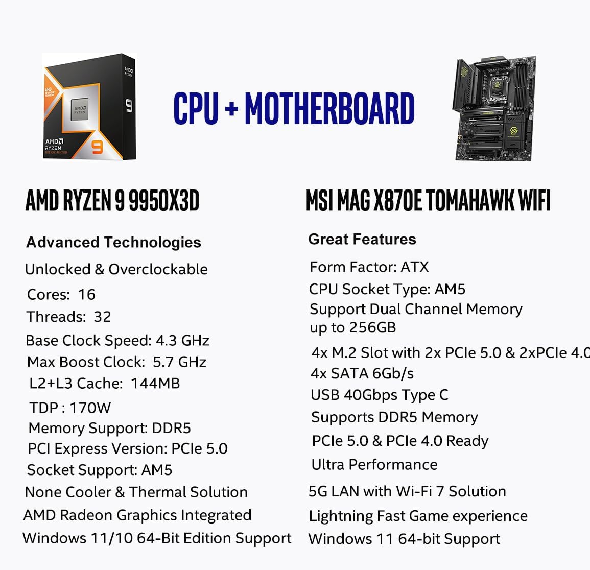 Micro Center AMD 9950X3D Processor with MSI MAG X870E Tomahawk Motherboard
