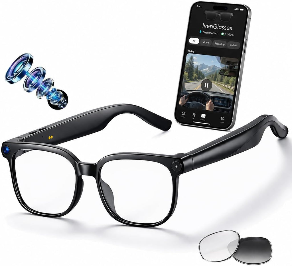 AI Smart Glasses with Camera, 8MP HD Video Recording Glasses, 1200P 30FPS EIS, Voice Assistant, Real-Time Translation, Open-Ear Bluetooth Audio, Clear & Photochromic Lenses, lente con camara