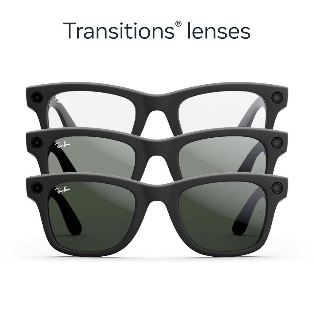 Ray-Ban Meta (Gen 1), Wayfarer, Large Matte Black | Smart AI Glasses for Men, Women â 12 MP Camera, Open-Ear Speakers, Video Recording, Bluetooth â TransitionsÂ® Clear Lenses â Wearable Technology