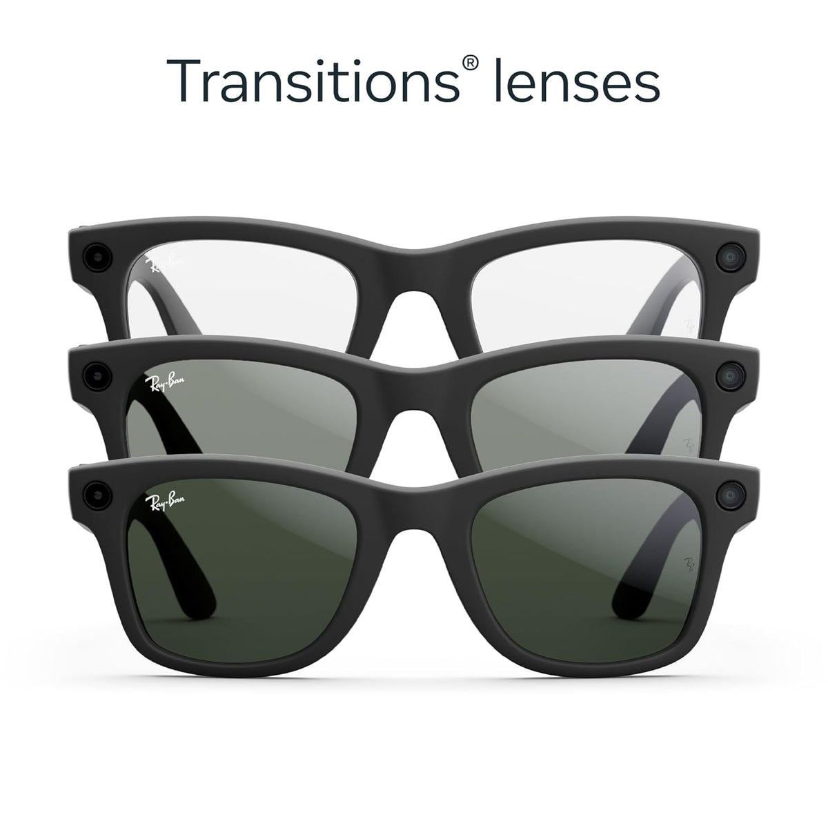 Ray-Ban Meta (Gen 1), Wayfarer, Large Matte Black | Smart AI Glasses for Men, Women â 12 MP Camera, Open-Ear Speakers, Video Recording, Bluetooth â TransitionsÂ® Clear Lenses â Wearable Technology