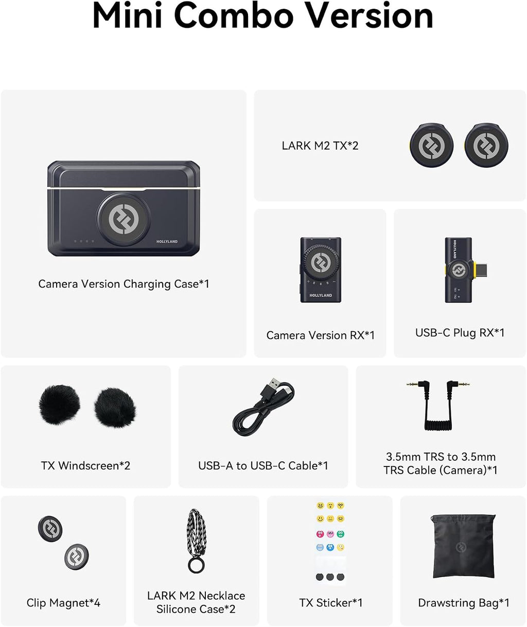 Hollyland Lark M2 Wireless Microphone for iPhone/Camera/Android/PC, 48kHz/24-bit High Fidelity Audio, 300m Range, Noise Cancelling, 40h Use, YouTube, Vlog, Streaming (Black, with Camera RX + USB-C RX)