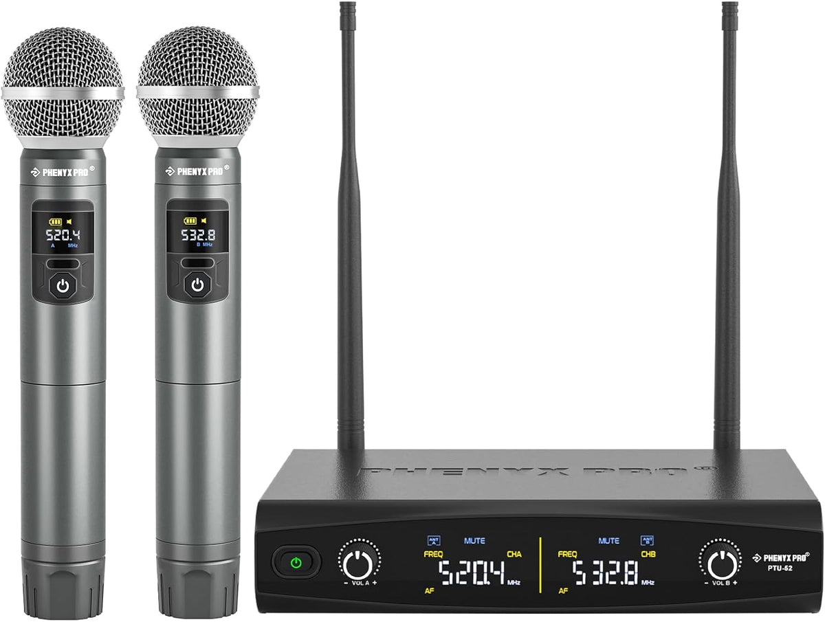 Phenyx Pro Dual UHF Tunable Frequency Wireless Microphone System PTU-52-2H