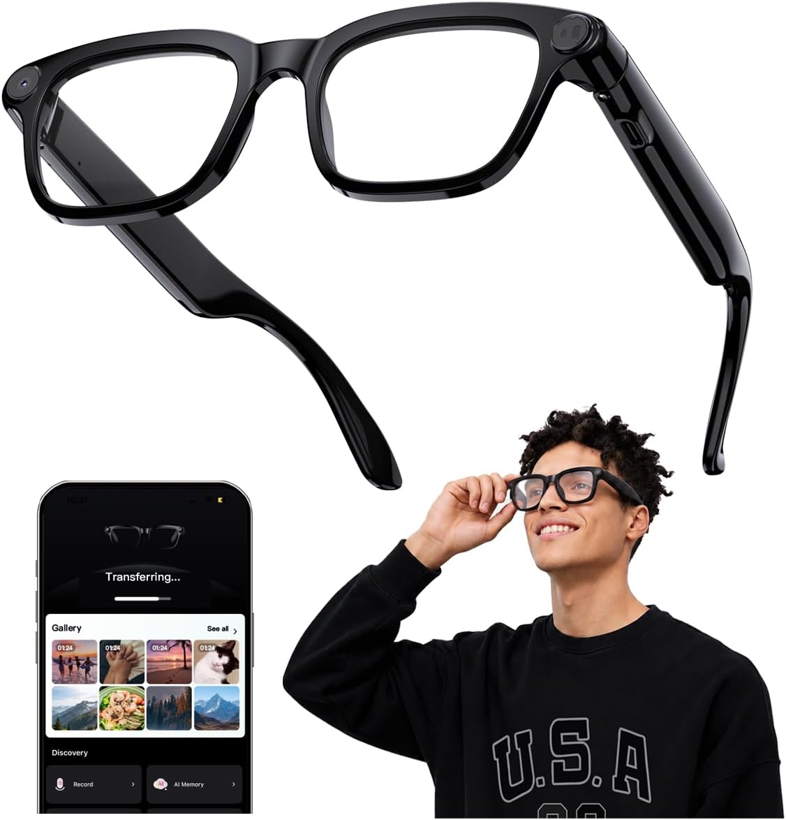 AI Smart Glasses with Camera, 4K POV Recording, Transparent Lens